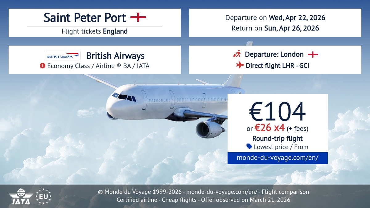 Monde_du_Voyage's tweet image. ✈️ Cheap round-trip London ➜ Saint Peter Port with British Airways from just 104€ 🤩 Direct non‑stop flight, discount fare, low price deal! Payment in 3x or 4x available 💳 #flightdeal #cheapflights #BritishAirways #London #Guernsey #travel2026 monde-du-voyage.com/en/england/fli…