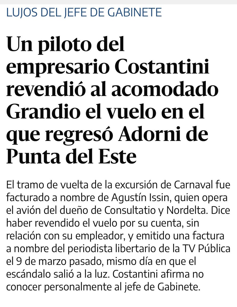La fecha de la factura del regreso coincide con el día en que Pagni deslizó que Adorni voló en avión privado, y pudo haber sido hecha varios días después, cuando ya se conocían los detalles. 

eldiarioar.com/politica/pilot…