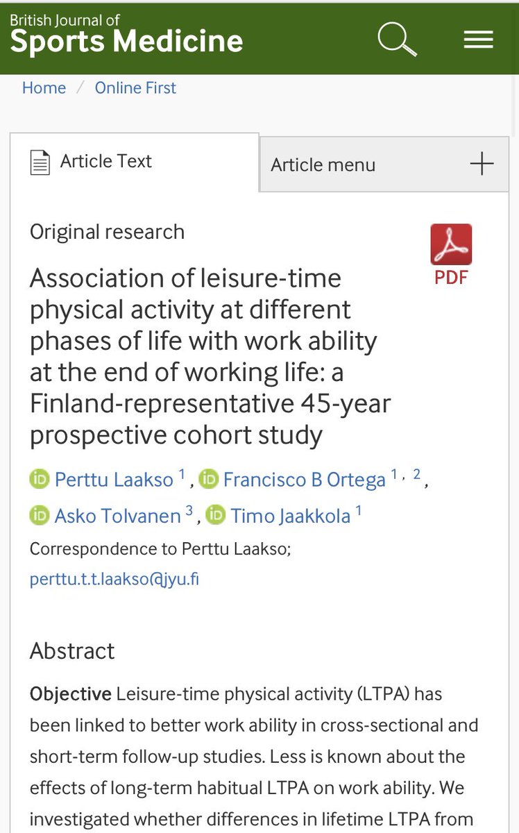 KulikovUNIATF's tweet image. A study @BJSM_BMJ shows that regular 🏃🏾‍♀️ leisure-time #physicalactivity started at a young age prevents a decrease in work ability at the end of a career. 

The result is societally significant, as #productivity losses due to reduced work ability cost billions of euros annually.
