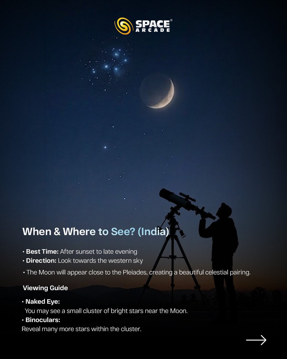 A magical meeting of the Moon and the Seven Sisters ✨🌙

On 23rd March, watch the Moon pass close to the Pleiades, one of the most beautiful star clusters in the night sky.
A tiny sparkling group of stars beside the glowing Moon  simple, subtle, and absolutely mesmerizing. 🌌