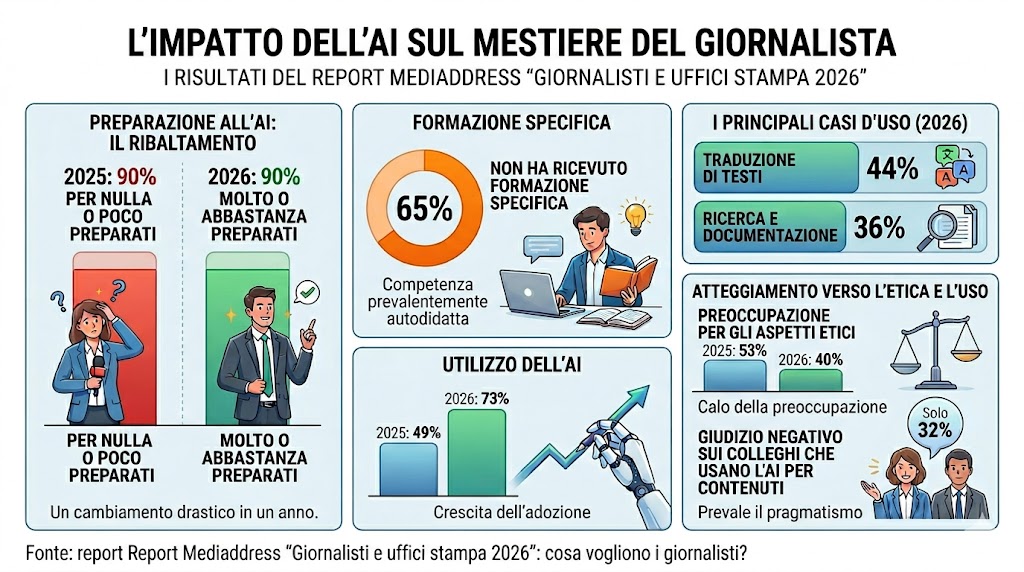 Il nuovo #Report #Giornalisti e ufficistampa 2026 di <a href="/Mediadata_srl/">Mediaddress</a> fotografa un'evoluzione sorprendente: l'#IA non è più solo "futuro", ma uno strumento ordinario. Dalla diffidenza all'integrazione quotidiana per chi fa #comunicazione. Download al link:  mediaddress.com/it/risorse/ric…