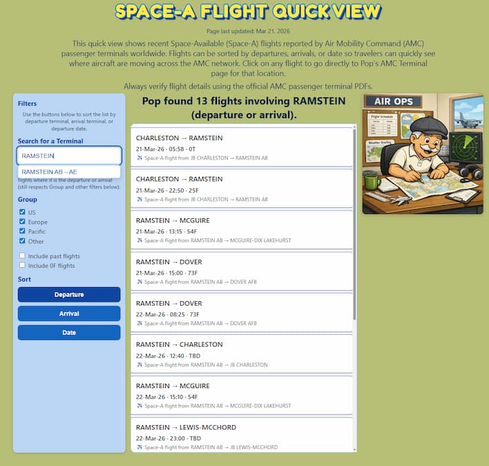 PopsSpaceA's tweet photo. Use the Terminal Search on Quick View to quickly find both Departures and Arrivals at your desired AMC Terminals.

https://t.co/bpBJz6Cth7

#SpaceA #Ramstein #SpaceAvailable #QuickView https://t.co/OYa9aq9bxW