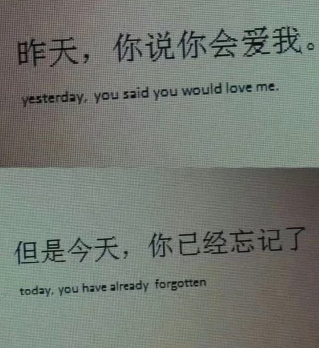 “昨天你说你会爱我，但是今天你已经忘记了”