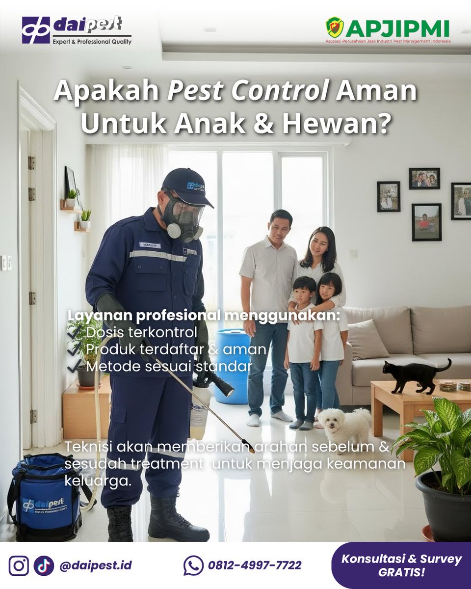 daipest's tweet photo. Ragu menggunakan pest control karena takut tidak aman untuk anak &amp; hewan?

Padahal, dengan penanganan yang tepat:
✔️ Area tertentu saja yang ditreatment
✔️ Menggunakan bahan yang sudah terstandarisasi
✔️ Ada prosedur keamanan yang jelas

Hasilnya tetap efektif, tanpa resiko. https://t.co/S0zm0pRdWw