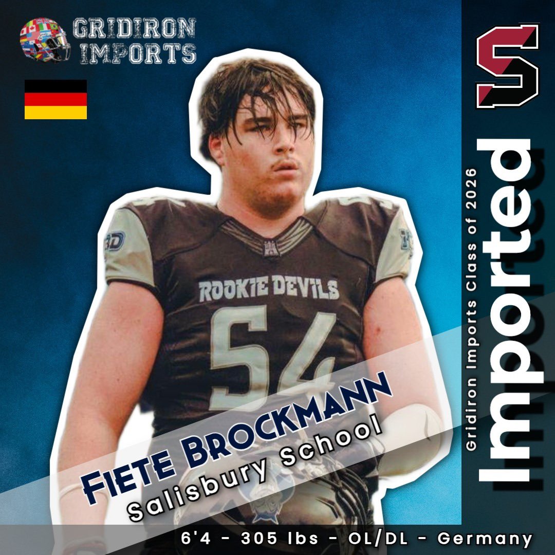 GridironImports's tweet photo. The newest Gridiron Import Family Member, in a long legacy of Salisbury School imports,  is Fiete Brockmann! A big and explosive OL/DL prospect, he will make an impact for the Crimson Knights!
@HHBlueDevils https://t.co/XtYhQ3KZd9