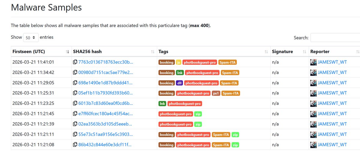 JAMESWT_WT's tweet image. "Photos pending"  "Review guest images" #booking
EML 
👇
photbookguest.]pro/.... 
👇
Zip
👇
lnk
👇
ps1
👇
nodejs
➡️ ???
Samples
bazaar.abuse.ch/browse/tag/pho…
AnyRun
app.any.run/tasks/e1dd0c51…
app.any.run/tasks/92ee52dd…

Extra
bazaar.abuse.ch/browse/tag/ton…