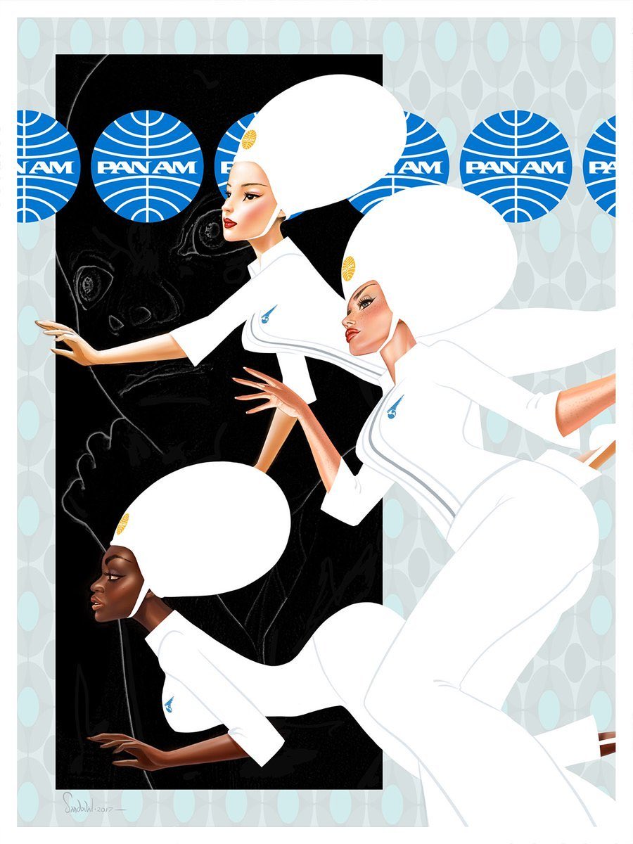 MarcoDo79682721's tweet photo. Pan Am (2001: A Space Odyssey) illustration by Stephen Sandoval. https://t.co/mkVKGm2ufZ