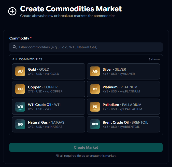 🔥Big Update: You can now Create Your Own Commodities Prediction Markets!

You can now launch your own prediction markets on:
- Gold 🪙, 
- Oil🛢️,
- Gas⛽️, 
- and more — with your own terms.

Why launch one?
- Create your own terms: time, prices, etc.
- Share it with your