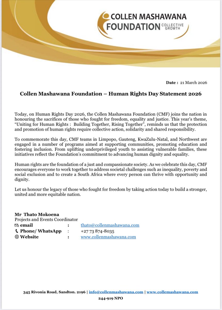 CollenMashFound's tweet photo. Collen Mashawana Foundation - Human Rights Day Statement 2026 https://t.co/j695yX2hR5