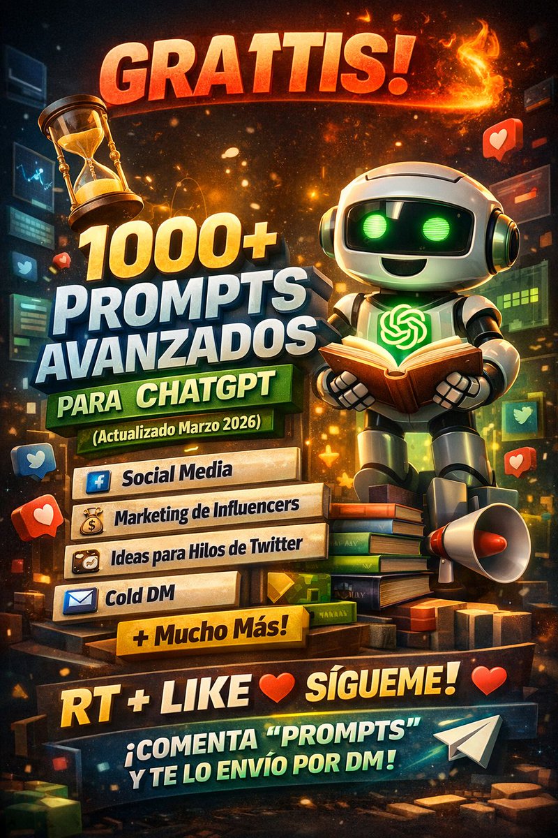 ZyntraAI's tweet photo. GRATIS ⏳🔥

Te comparto 1000+ Prompts Avanzados para ChatGPT (Actualizado marzo 2026) 🤖📚

PROMPTS PARA:
• Social Media 📱
• Marketing de Influencers 💸
• Ideas para Hilos de Twitter 🧵
• Cold DM 📩
• Y muchos temas más 🚀
RT + LIKE + SÍGUEME ❤️🔁
Comenta "Prompts" y te lo envío por DM 📥