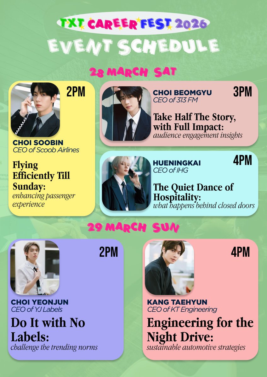 tubacuties's tweet photo. TXT CAREER FEST 2026 - Event Schedule 👔
Join us on the 28 or 29 March as CEOs across industries come together to share insights on their professions 🔍
Explore the full schedule and plan your visit. Which CEO are you most excited to see? 👀
#txt #txtcareerfest #cafeevent https://t.co/RAhkeo7H1s