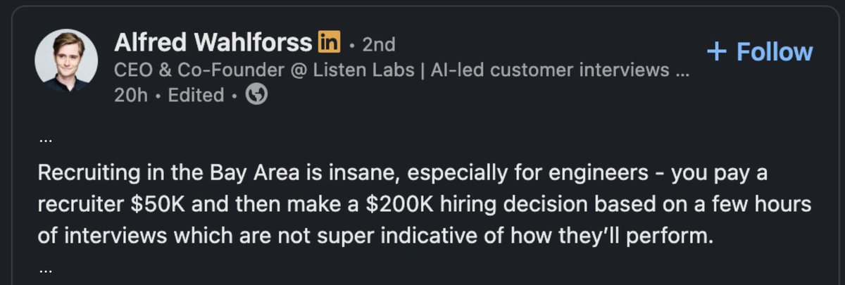 Business problem: 2-hour interview with domain experts isn’t enough.

Industry solution: Let’s have candidates talk to an AI for two minutes instead!

The problem is real and huge.
First-principle approach needed in a long sales cycle industry -> Contrarian VCs will take the bet