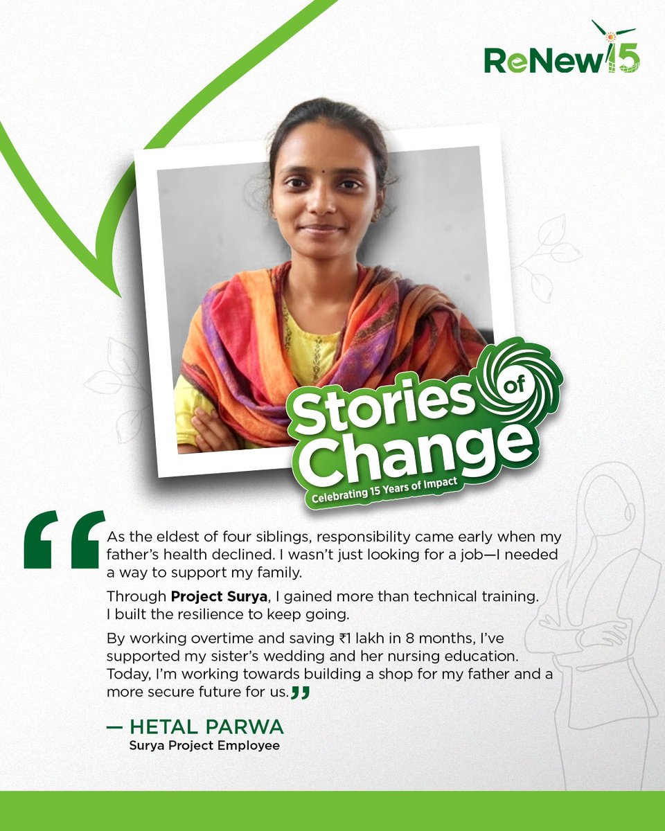 vnigamsinha's tweet photo. We often talk about the energy transition in terms of technology and capital.

But the real shift is about who gets to build it.

This Women’s Month, we’re sharing 15 Years, 15 Impact Stories—women working across solar and green infrastructure, shaping India’s clean energy future.

#ReNewTheFuture #15Year15ImpactStories #WomensMonth #WomenInSTEM