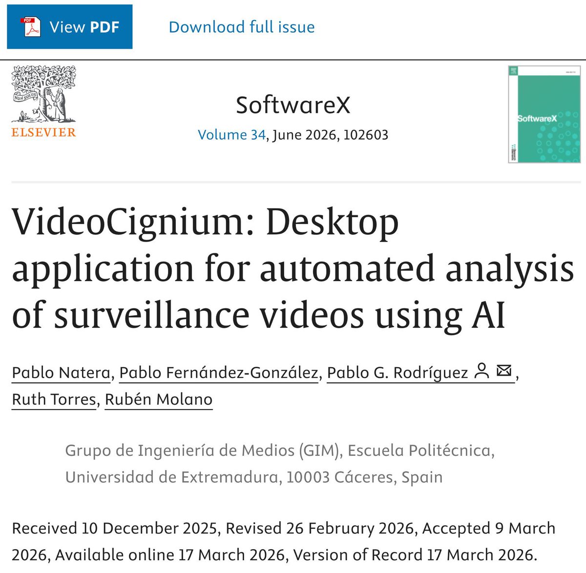 pablogarguez's tweet photo. NuevaPublicación -> #VideoCignium: Desktop Application for Automated Analysis of Surveillance Videos Using #ArtificialIntelligence 
https://t.co/A1ycwkBops
en revista #SoftwareX índice de impacto JCR-2024=2,4 cuartil Q2 categoría #ComputerScience #SoftwareEngineering (nº63/129) https://t.co/sqgqP8EsnC