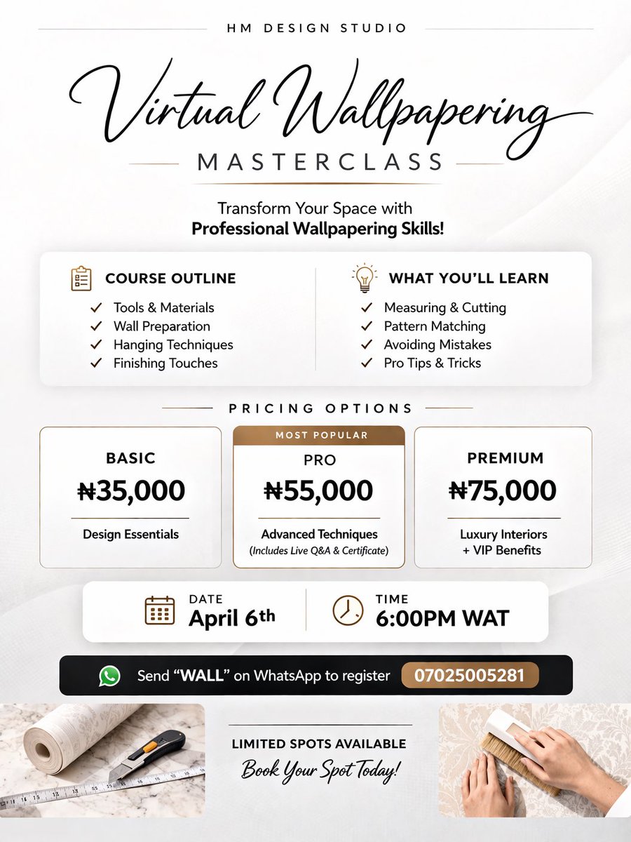 deolababalola's tweet photo. Most walls are just… walls.

Flat. Plain. Forgettable.

But the right finish can completely transform a space, and people are paying for it.

Wallpapering is no longer just decor. It’s a high-income skill!

I’m opening a virtual masterclass where I’ll teach you how to install wallpaper cleanly, professionally, and confidently.

No experience needed.

Send “WALL” on WhatsApp: 07025005281 to join.