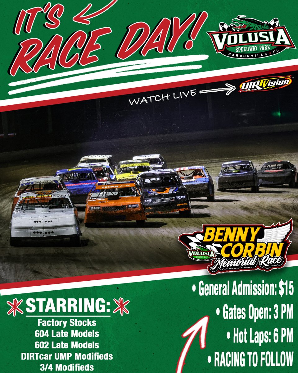VolusiaSpeedway's tweet image. Time to start the 2026 title-chasing 🏆

Volusia Speedway Park will open the season tonight with the "Fab 5" in action for the Benny Corbin Memorial!
