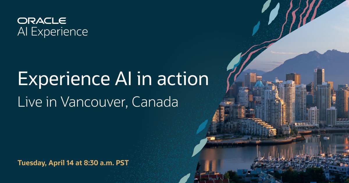 ESiglin's tweet photo. Whether you’re a developer, analyst, or business leader—Oracle AI Experience offers you a chance to get hands-on with groundbreaking Oracle GenAI and agentic AI solutions. Register today to experience expert sessions and hands-on labs live in Vancouver: https://t.co/jEDM4q2EcM https://t.co/goWUmjwo4A
