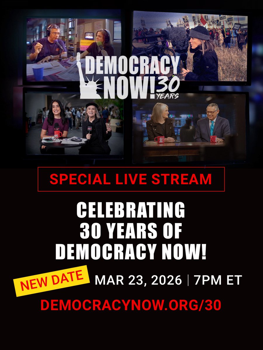 Join us for our 30th anniversary celebration on Monday, March 23, at 7 p.m. ET. 

🔗 democracynow.org/30

🎤 Special Guests &amp; Performers
• Legendary Activist and Scholar Angela Davis
• Rock Legend Patti Smith
• Singer, Songwriter and Artist Michael Stipe
• Pulitzer Prize
