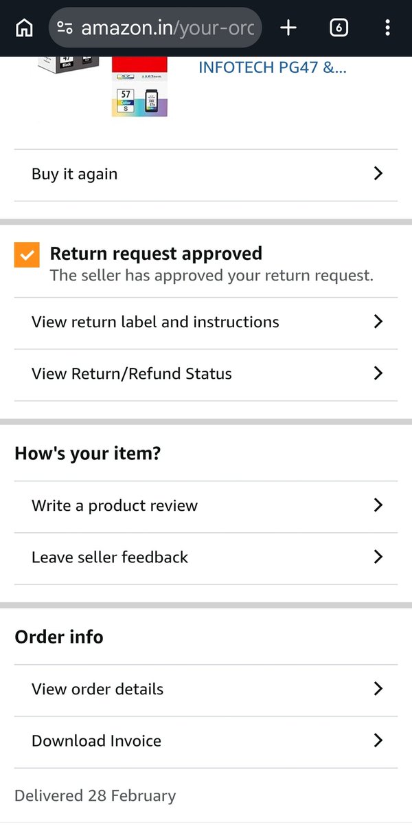mahe4uma4's tweet photo. @AmazonHelp I ordered the Pixma PG-47 &amp; CL-57 cartridge combo, but I received a different cartridge(955BK)instead. I requested a return, and the return request has already been approved. However, it has been more than a day and no one has come to pick up the item yet. https://t.co/j70MiliGiA