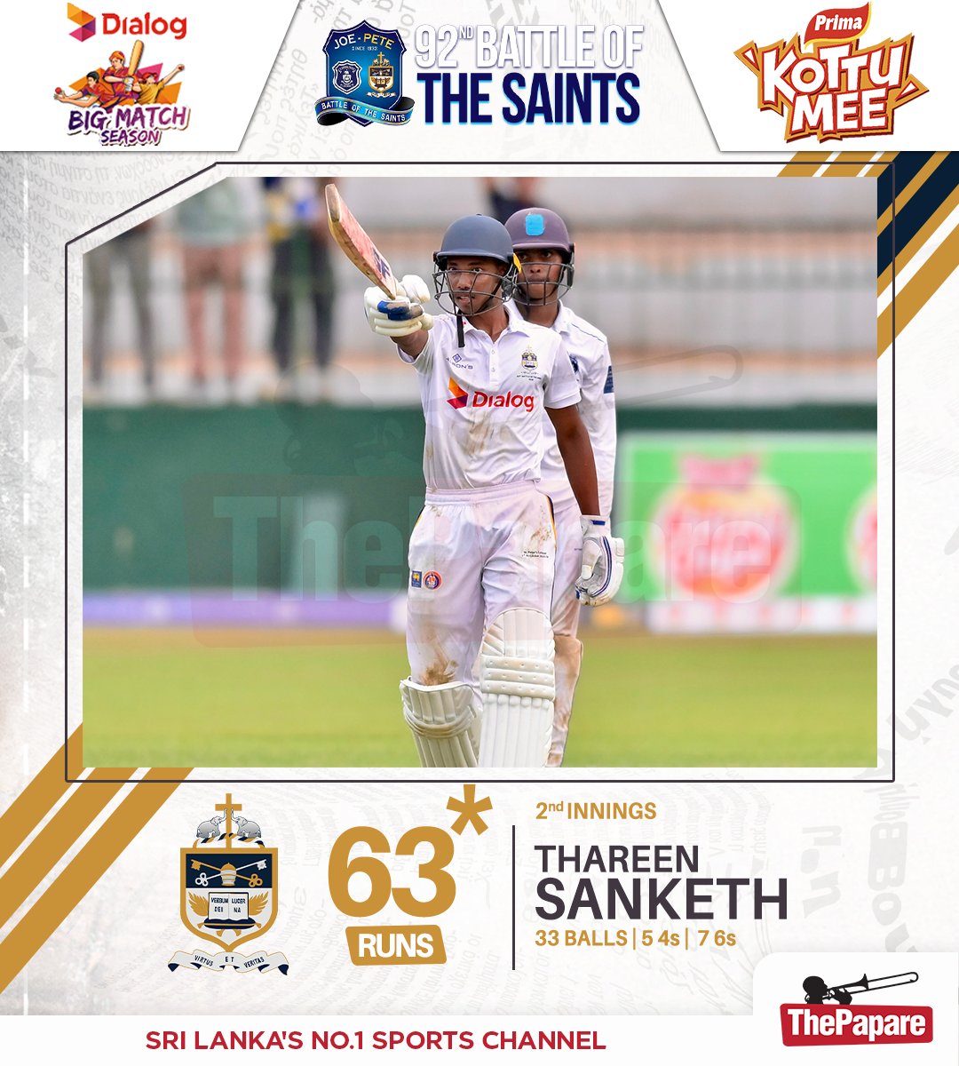 ThePapareSports's tweet image. A fearless counterattack from Thareen Sanketh delivers a blistering fighting fifty, rescuing St. Peter’s College in the 92nd Battle of the Saints!

Coverage Powered by Prima Kottumee 

#BattleOfTheSaints #BigMatchSeason