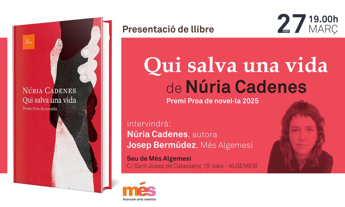 📖 T'esperem a la presentació del llibre "Qui salva una vida", de Núria Cadenes. Premi Proa 2025 📖

📆 divendres 27 de març
⏰19h.
📍Seu de més Algemesí