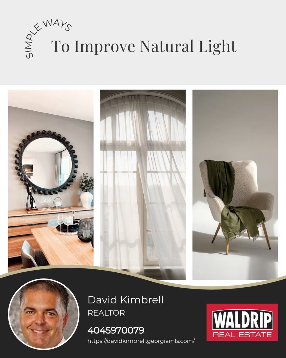 dkimbrell801's tweet image. Want more natural light at home? Try this:

🎨 Light walls
🪟 Sheer curtains
🪞 Mirrors to reflect light
🧽 Clean, clear windows
🛋️ Lighter furniture
🌿 Trim plants outside

Small tweaks = brighter, more inviting spaces. Reach out for more home tips!

#homeinspiration