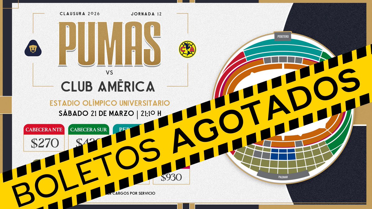 🗣️ Aficionadas y aficionados, se les informa que LOS BOLETOS SE HAN AGOTADO ❌ para el partido de esta noche que se llevará a cabo en el Estadio Olímpico Universitario a las 21:10 horas, correspondiente a la Jornada 12 del clausura 2026. 

SI NO TIENES BOLETO, NO ASISTAS AL