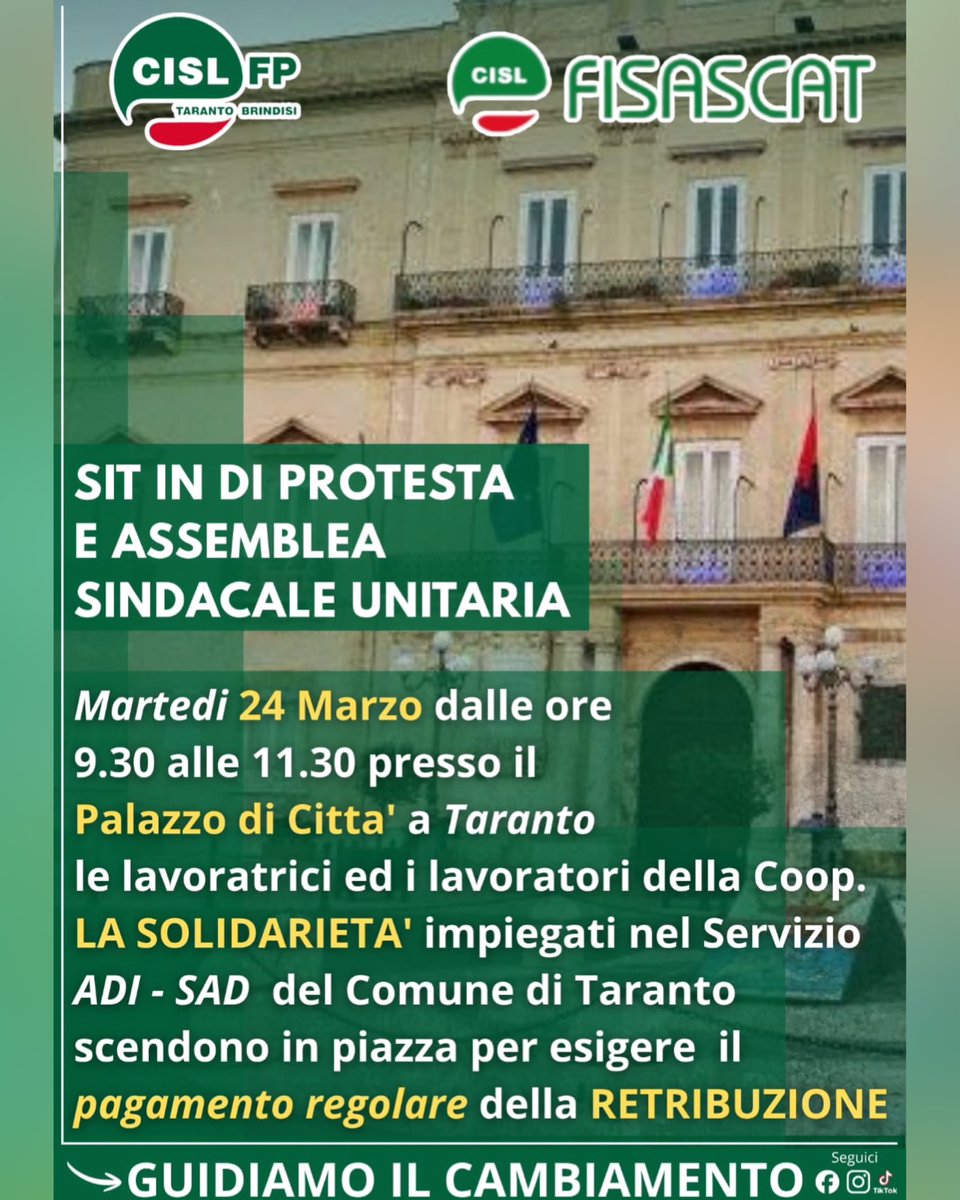 FisascatTABR's tweet photo. 📢
Martedì 24 marzo la FISASCAT Taranto Brindisi🟢 sarà con le lavoratrici e i lavoratori della Cooperativa La Solidarietà, impegnati nei servizi ADI e SAD del Comune di Taranto, in piazza davanti Palazzo di città in sit-in di protesta🚨
#FISASCAT #CISL #FISASCATTarantoBrindisi https://t.co/k7hBbrjzOk