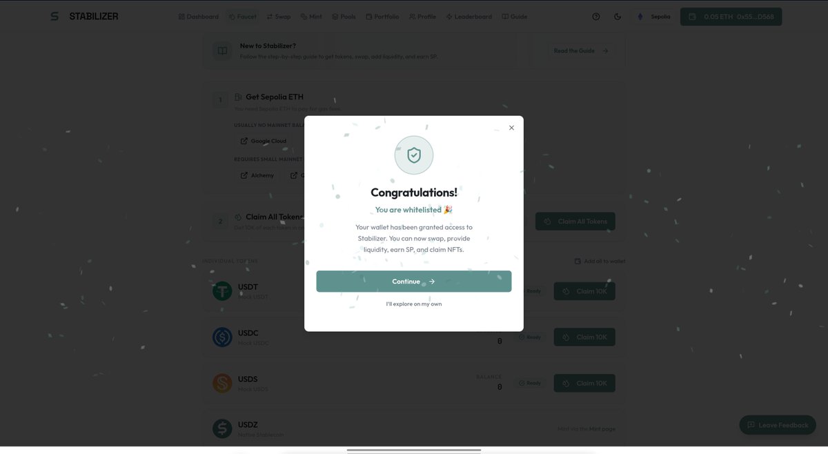 FASHAKING3's tweet photo. STABILIZER TESTNET IS LIVE 

The testnet for @StabilizerFi has now kick off, how it is strictly available to only WHITELISTED USERS.

HOW TO GET STARTED?

✅ Visit the STABILIZER TESTNET page with the link below 👇 
Link: https://t.co/xyxBWzlqRg

✅ Connect your WHITELISTED Wallet (if you don't know if you wallet is Whitelisted, just connect it, it will show you)
 
✅ Claim your 150 SP Welcome Bonus point 

✅ If you don't have a Sepolia faucet, Claim from the third party platform provided.

✅ Also, Use the"Claim All tokens" to claim individual tokens

✅ Click Mint and Mint any amount of USDZ

✅ Proceed to the "Swap" and perform transactions between different available individual tokens

✅ Click Pools, Choose any Available Pools and Add Liquidity

NOTE: You can also earn more SP and Nfts by completing tasks a doing the following 

✅ Completing Trades and Providing Liquidity to the pools earns you SP

✅ Completing Weekly task and Achievements in Leaderboard earns your Nfts

Also, You can share you Feedback and Experience on @StabilizerFi discord