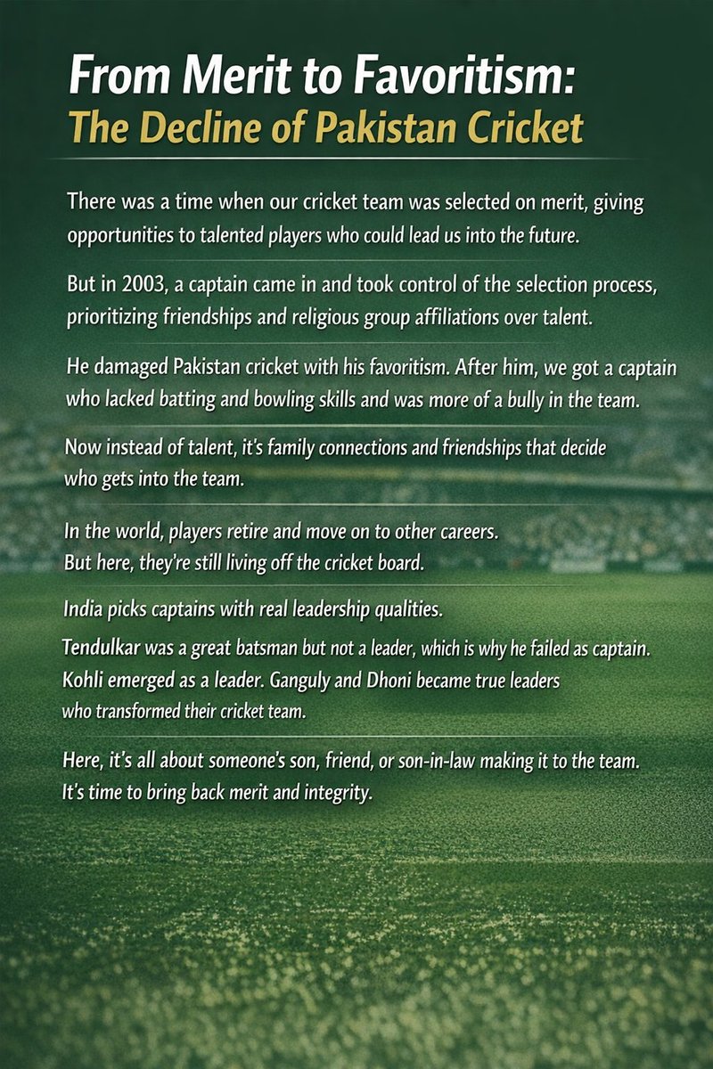 Outperformbrain's tweet photo. @CSMR786 Merit once defined team selection, but favoritism, friendships, and connections took over destroying Pakistan cricket. While others pick talent, we reward relations. Until merit returns, outcome will be zero. https://t.co/v8fUaLWBHi