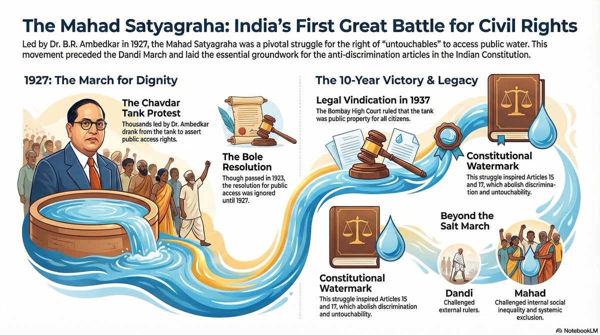 आज के ही दिन 20 मार्च 1927 को,डॉ. आंबेडकर ने हजारों लोगों के साथ महाराष्ट्र के महाड़ शहर में एक ऐतिहासिक जुलूस निकाला। उनका लक्ष्य था, चावदार तालाबIआंबेडकर तालाब तक पहुँचे, झुके और पानी पिया। यह केवल पानी पीना नहीं था,यह समानता का ऐलान था। कोटि-कोटि नमन महामानव को। 🙏💐#Ambedkar