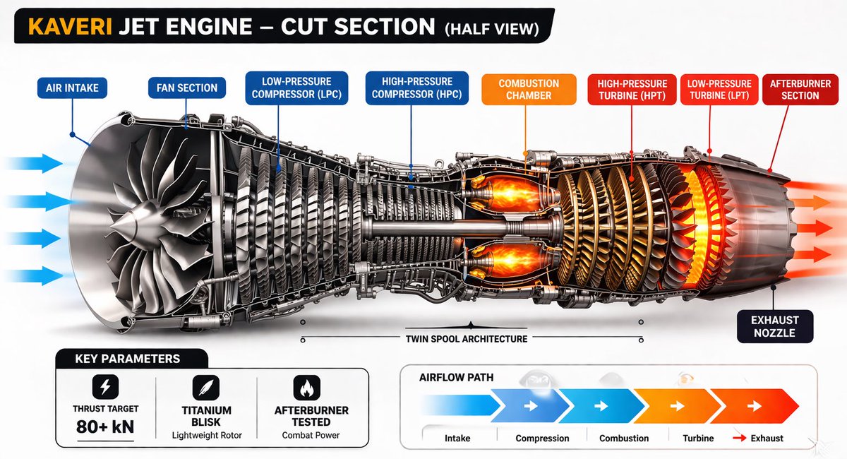 HemanNamo's tweet photo. 🚨 Kaveri Engine BREAKTHROUGH 🇮🇳

🛠️ Titanium Blisk → lighter core, higher efficiency
🔥 Afterburner tested → targeting 80–90 kN class
🏗️ Indigenous test facility → ends foreign altitude trials

Supports Ghatak UCAV, Tejas upgrades, AMCA roadmap

This isn’t progress.
This is engine sovereignty. 🔥

#KaveriEngine #DRDO #MakeInIndia #AtmanirbharBharat