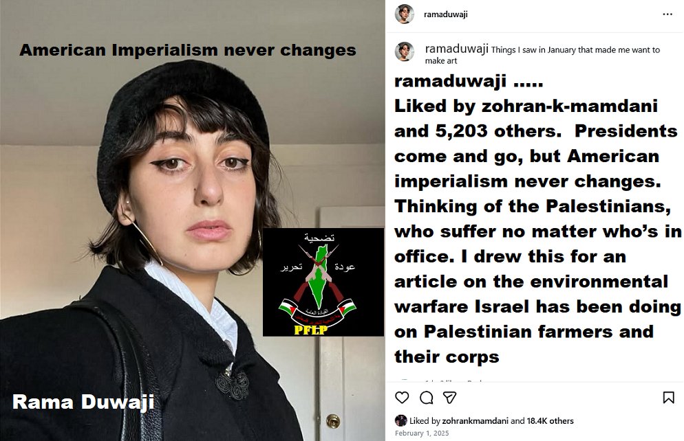 DEAR Rama Lama Ding Dong;  Newsflash for Rama Duwaji  and all you fans and flag wavers for Palestine and the PLO and PFLP groups.  "If you are a Palestinian you just might be a terrorist". Rama Duwaji  likes the Popular Front for the Liberation of Palestine (PFLP) which is  a USA