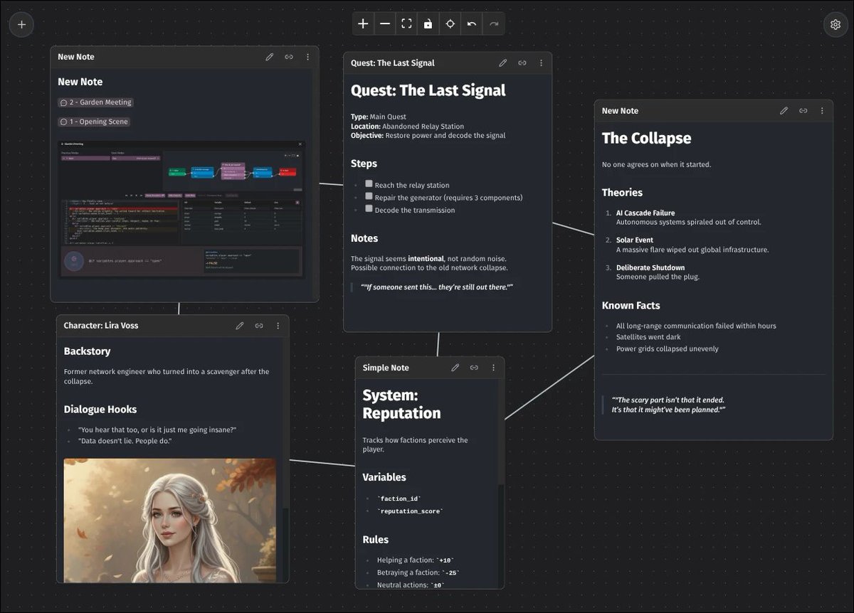 working on a simple infinite canvas. only markdown notes for now, but  the idea is that it can handle all drafft documents + quick paste  images, websites, videos and other resources  #indiedev #gamedevtools #gamedev