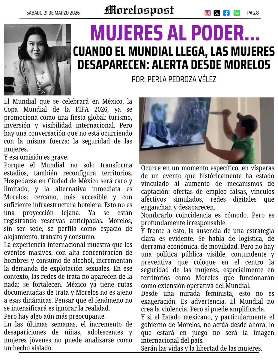 ¡Buenos días! 🌥️⛅🌤️☀️😁

Les comparto esta columna con la intención de que todas y todos estemos preocupados y ocupados en la protección de la mujeres ante la amenaza de la explotación sexual que demanda el mundial de football 2026.