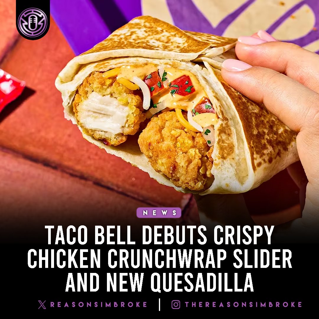 ReasonsImBroke's tweet photo. Taco Bell is expanding its chicken lineup with two new menu items launching March 19: the Crispy Chicken #Crunchwrap Slider and the Cantina Chicken Rolled Quesadilla.
The Crunchwrap Slider reimagines the iconic format with crispy, all-white-meat chicken nuggets coated in tortilla-chip breading, paired with cheese, pico de gallo, and sauce, all inside a grilled tortilla for a portable, snackable bite. Meanwhile, the Cantina Chicken Rolled Quesadilla becomes a permanent menu addition, doubling its chicken portion and delivering bold flavor in a convenient wrap.
To celebrate, @tacobell is also offering a limited-edition junk journal kit to rewards members, reinforcing its push to blend creative food innovation with fan-driven experiences.