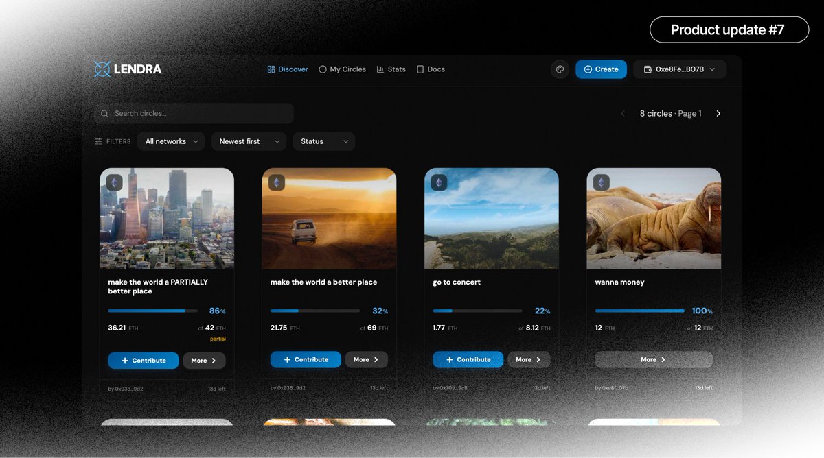 lendra_io's tweet photo. Week 1 of sharing Lendra.
Smart contracts ✓
Backend ✓
Frontend ✓
Donation flow ✓
Create flow ✓
Partial vs full ✓
Starting with donations. More updates coming 🚀
#LendraProductUpdate №7
#buildinpublic #web3developers https://t.co/cPUSZcPn9N