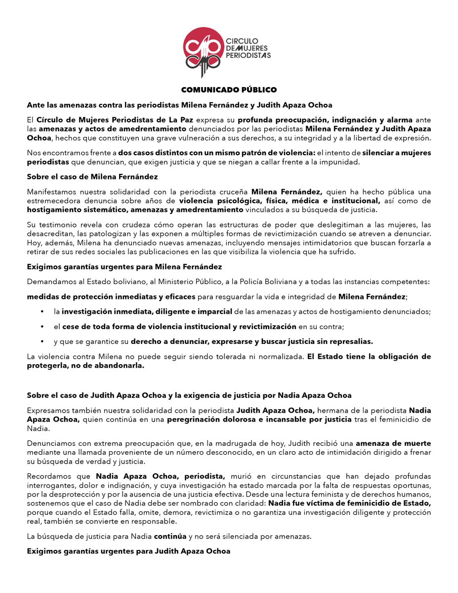 CIrculoMP's tweet photo. Desde el Círculo de Mujeres Periodistas de La Paz exigimos protección inmediata para las periodistas Milena Fernández y Judith Apaza Ochoa, así como investigación urgente de las amenazas en su contra. La búsqueda de justicia por Nadia Apaza Ochoa continúa. Estamos vigilantes. https://t.co/Ehhwy4RiYA