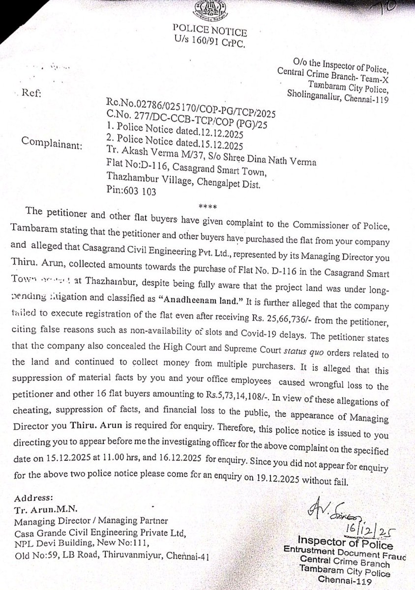 AkashVermaCBIC's tweet photo. @SEBI_India @casagrandhomes @CMOTamilnadu @Chief_Secy_TN @Chengalpattu01 @SEBI_updates @PMOIndia @narendramodi @mkstalin @TheOfficialSBI @pbhushan1 @FinMinIndia @CBIHeadquarters @dir_ed 23. After repeated attempts to get FIR for cheating innocent homebuyers registered against MD, @casagrandhomes , @COPTBM issued summons to MD Arun MN. MD approached the Hon’ble Madras HC to quash the summons. Summons not quashed &amp; was ordered to co-operate in enquiry @SEBI_India https://t.co/Q3S0nDUlrN