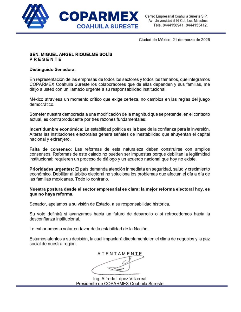 🔵 Senador <a href="/mrikelme/">Miguel Riquelme</a> 
La mejor #ReformaElectoral es que no haya reforma electoral.

Empresas, colaboradores y miles de familias necesitan seguridad, certeza jurídica para la inversión y enfoque en las verdaderas prioridades del país. 

#PlanB