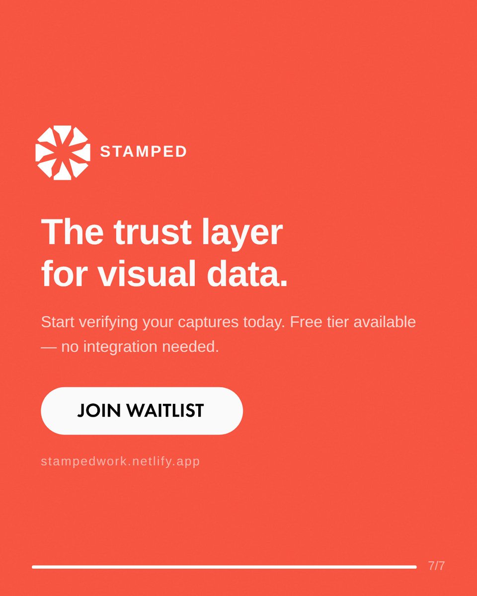 stampedwork's tweet photo. Three steps: capture → verify → seal.

Every photo gets a cryptographic stamp - device, location, time. unfakeable.

Join The Waitlist → https://t.co/iiEFkIu58G

[2/2] https://t.co/AEKzKfxPhb
