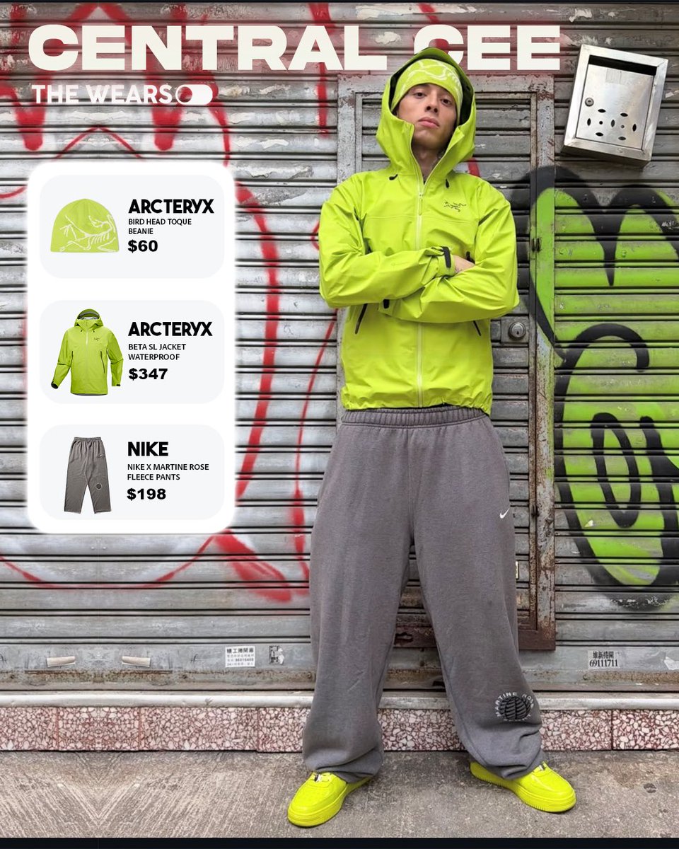 thewearson's tweet image. FIT CHECK 👔 ! | @centralcee 

🧢 ARCTERYX
- Bird Head Toque Beanie
- $60

🧥 ARCTERYX
- Beta SL Jacket (Waterproof)
- $347

👖 NIKE
- Nike x Martine Rose Fleece Pants       (StockX den temin edilebilir.)
- $198

#DRIP #FitCheck #TheWearsON