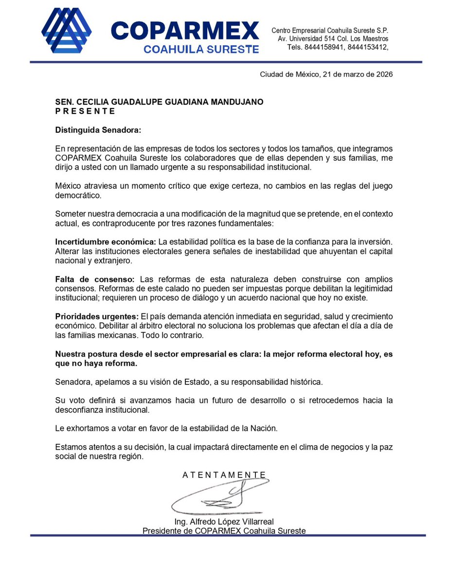 🔵 Senadora <a href="/cecyguadianam/">Cecy Guadiana</a>
La mejor #ReformaElectoral es que no haya reforma electoral.

Empresas, colaboradores y miles de familias necesitan seguridad, certeza jurídica para la inversión y enfoque en las verdaderas prioridades del país. 
#PlanB
