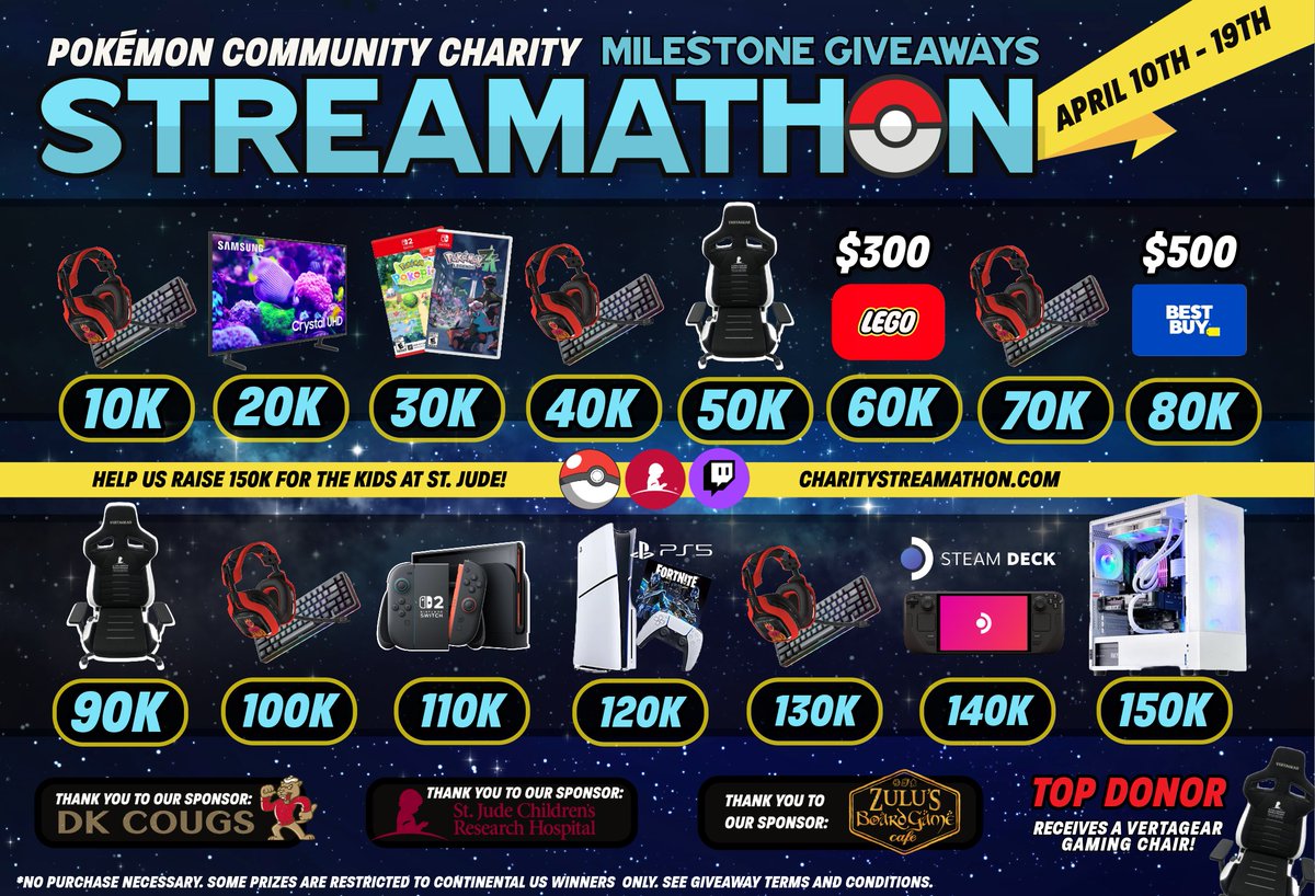 BlazeStyles7's tweet photo. This year's schedule and milestones giveaway for the St Jude charity stream
If anyone want to help out feel free to let me know #4dakids https://t.co/2h3S0O5uAH