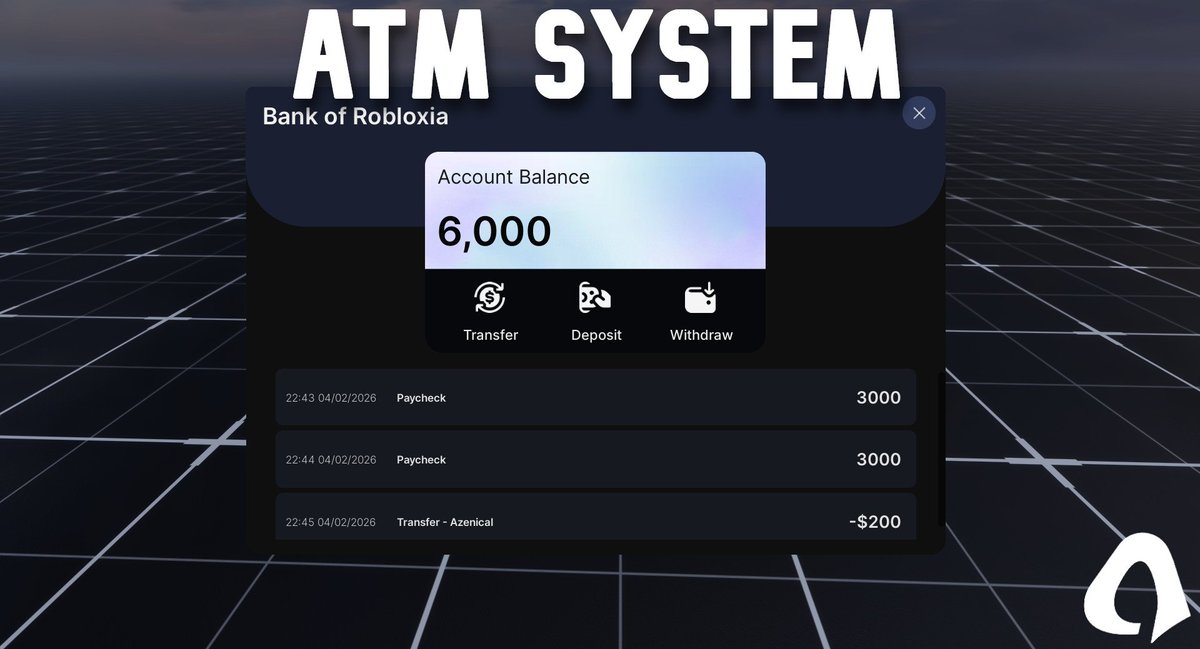 AsahiTech_RBLX's tweet photo. ATM System
Our custom made, fully scripted and designed ATM UI is perfect for any type of game. This product is fully customizable on your end and is a great addition to your roleplay game!
#ROBLOX #RobloxDev #ATM #UI #RoTech https://t.co/LENQnTs0yY