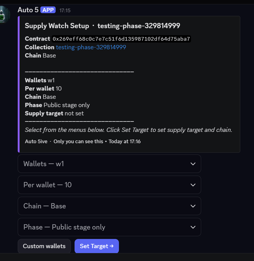 SerReborn's tweet photo. Update on @Auto5ive

Supply Target is now live.
Users can set a target supply for any collection.
Once that threshold is hit, the bot automatically executes the mint.
No delays. No manual refresh.
You can also enable override confirmation, allowing the bot to fire instantly the moment your target is reached.