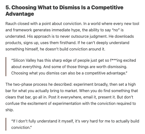 Love this take! Saying no, and actually understanding why, is such an underrated edge in a world full of hype.

<a href="/rauchg/">Guillermo Rauch</a> <a href="/speedrun/">a16z speedrun 🧊</a>
