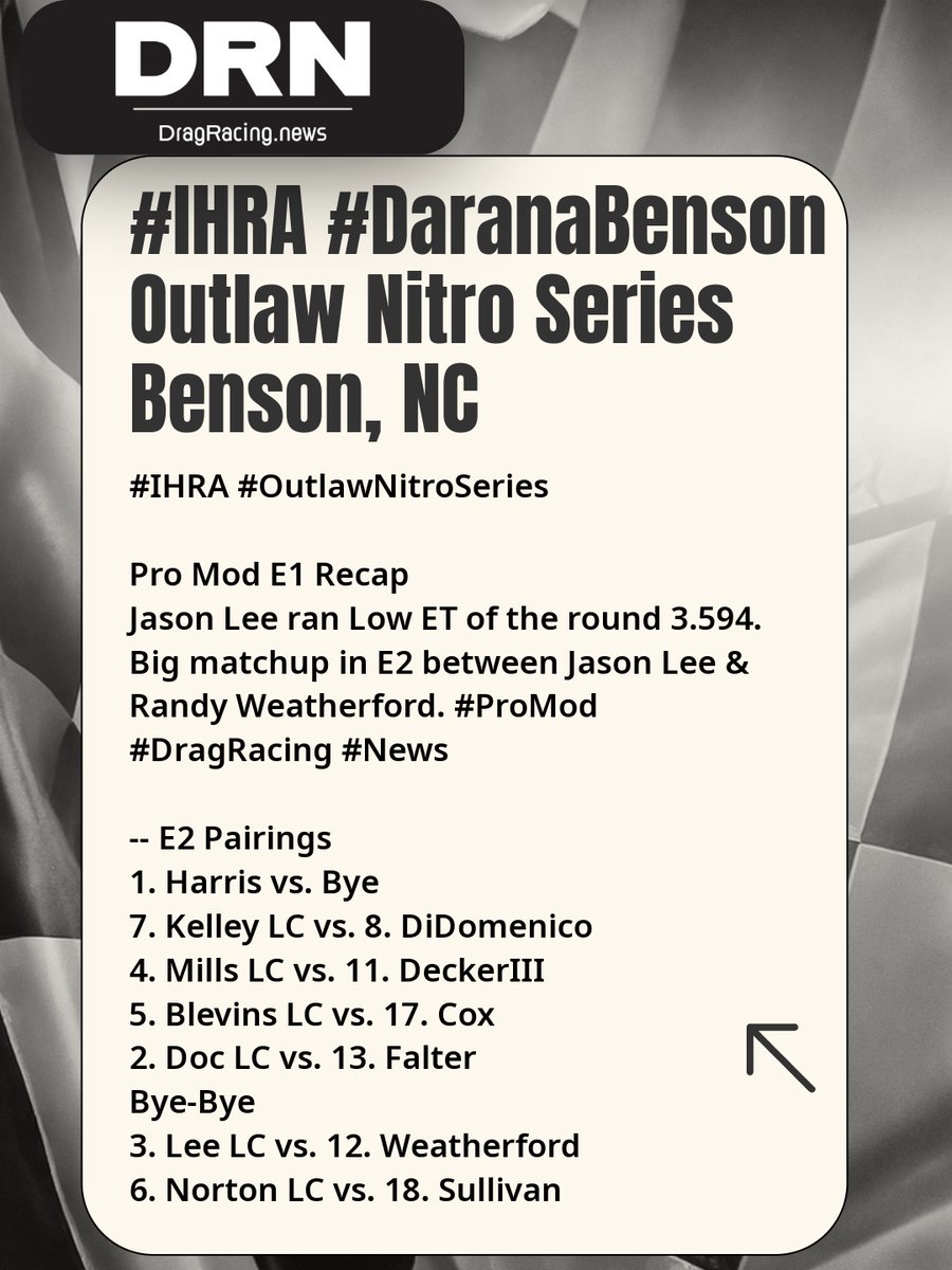 DRNDragRacing's tweet image. #IHRA #OutlawNitroSeries
Pro Mod E1 Recap
Jason Lee ran Low ET of the round 3.594. Big matchup in E2 between Jason Lee &amp;amp; Randy Weatherford. #ProMod #DragRacing #News