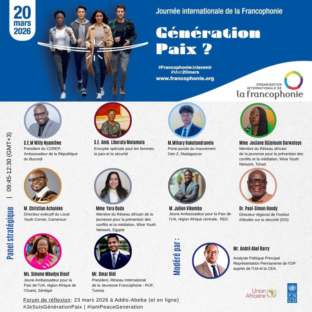 RPUA_OIF's tweet image. J-2 le Forum de réflexion " Génération Paix ? Contribution de la jeunesse pour un monde plus apaisé" en collaboration avec  @AUC_PAPS &amp;amp; @UNDPAfrica. Le Forum se tiendra à @_AfricanUnion dans la "Plenary Hall meeting room" du batiment Julius Nyerere. 

Le programme 👇