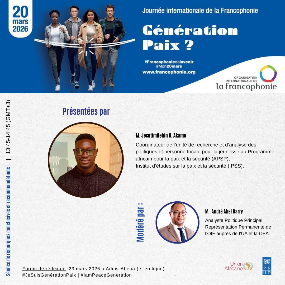 RPUA_OIF's tweet image. J-2 le Forum de réflexion " Génération Paix ? Contribution de la jeunesse pour un monde plus apaisé" en collaboration avec  @AUC_PAPS &amp;amp; @UNDPAfrica. Le Forum se tiendra à @_AfricanUnion dans la "Plenary Hall meeting room" du batiment Julius Nyerere. 

Le programme 👇